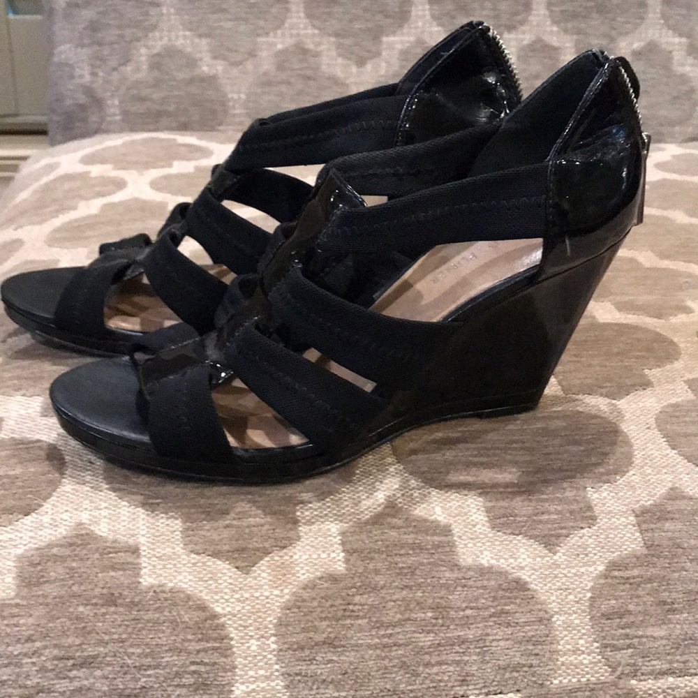 Donald Pliner black patent wedge sandals.